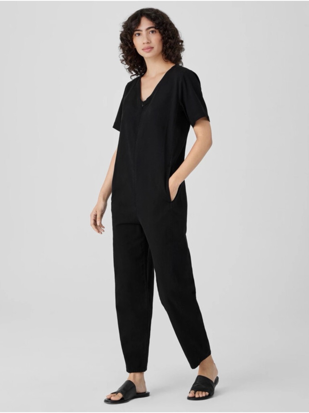 NEW Eileen Fisher Cotton Hemp XXS Lantern Black Jumpsuit Ankle Length Oversized